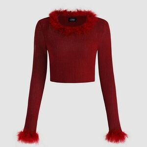 Cider Fluffy Crop Top Long Sleeves with Maribor Trim in Wine Size Medium